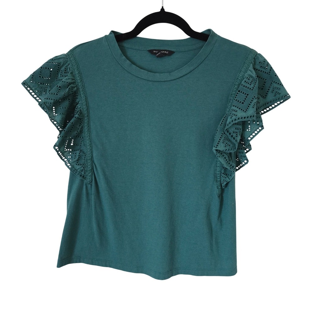 Banana Republic Forever Green Cotton Modal Eyelet Flutter Sleeve Top XS Ruffles